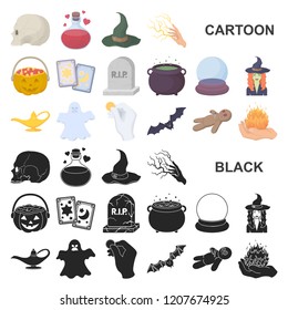 cartoon and white magic cartoon icons in set collection for design. Attributes and sorceress accessories vector symbol stock web illustration.