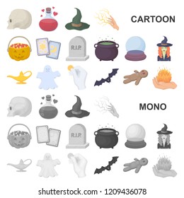 cartoon and white magic cartoon icons in set collection for design. Attributes and sorceress accessories vector symbol stock web illustration.
