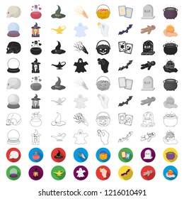 cartoon and white magic cartoon icons in set collection for design. Attributes and sorceress accessories vector symbol stock web illustration.