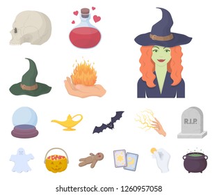 cartoon and white magic cartoon icons in set collection for design. Attributes and sorceress accessories vector symbol stock web illustration.