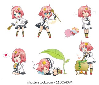 Cartoon White magical Witch wizard expression and action icon Collection set 1. Series of cute little witch with her funny activities and her octopus pet.