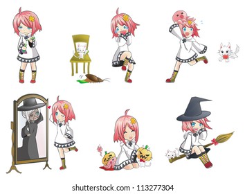 Cartoon White magical Witch wizard expression and action icon Collection set 3. Series of cute little witch with her funny activities and her cat and octopus pet.