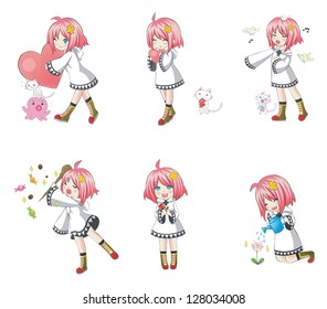 Cartoon White magical Witch wizard expression and action icon Collection set 4. Series of cute little witch with her funny activities and her cat and octopus pet.