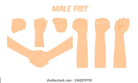 cartoon white male hand forming a fist viewed form different angles, making a handshake, vector illustration