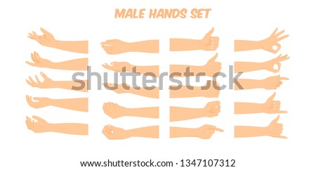 cartoon white male hand forming various shapes and symbols viewed form different angles, vector illustration Foto stock © 