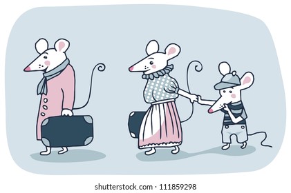 Cartoon of a white mice family moving out