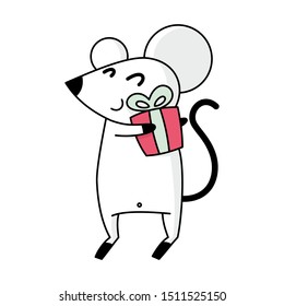 Cartoon white mouse with a box for a birthday, new year or other holiday event. Vector  