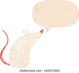 cartoon white mouse with speech bubble in grunge distressed retro textured style