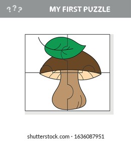 Cartoon white mushroom with leaves. Paper game My first puzzle for children and kids