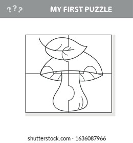Cartoon white mushroom with leaves. Paper game My first puzzle for children and kids - Coloring book