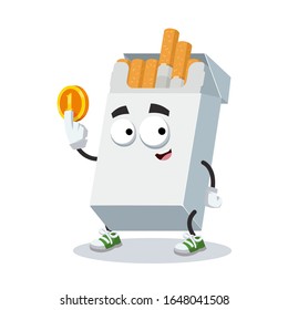 cartoon white pack of cigarettes mascot keeps the coin on white background