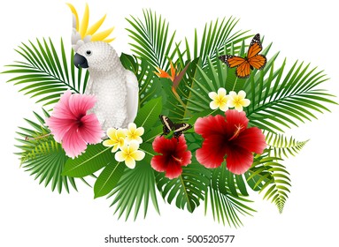 Cartoon white parrot and butterfly with flowers and leaves background