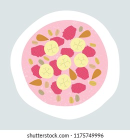 Cartoon white plate with split banana, raspberries, almond nuts and granola on pink and grey background