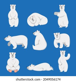 Cartoon white polar bear set. Vector illustration of cute winter Arctic animals in different poses, wild or zoo polar bear standing, sleeping on blue background. Wildlife, nature of North concept