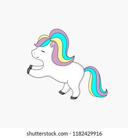 Cartoon white pony with a multi-colored mane on a light gray background.
