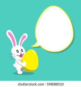 Cartoon white rabbit carrying easter egg with speech bubble
