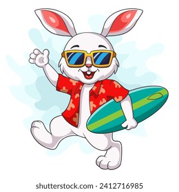 cartoon white rabbit carrying a surfboard