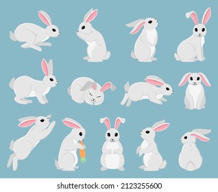 Cartoon white rabbit, cute spring bunny animals. Easter holiday sleeping, jumping and sitting white bunny vector illustration set. White spring hare. Traditional furry character isolated on blue background