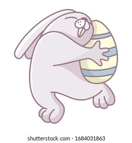 Cartoon white rabbit dancing with chicken egg. design of an easter bunny. Symbol for web sites on a white background 