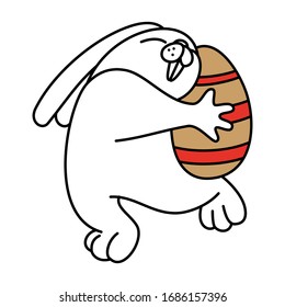 Cartoon white rabbit dancing with chicken egg. Contour design of an easter bunny. Symbol for web sites on a white background 