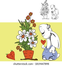 A cartoon white rabbit in a gardener's overalls has grown a bouquet of flowers from a carrot. he made a like, a heart of small carrots.