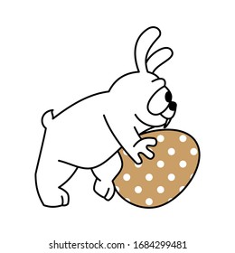 Cartoon white rabbit with a golden chicken egg. Contour design of an easter bunny. Symbol for web sites on a white background 