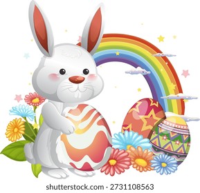 Cartoon weißes Kaninchen hält ein gemustertes Ei inmitten von Frühlingsblumen, Sternen und einem bunten Regenbogen