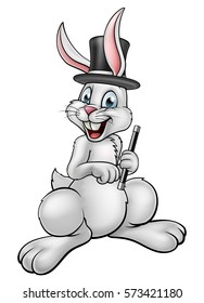 A cartoon white rabbit magician character wearing a hat and holding a magic wand