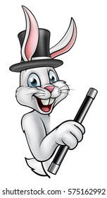 A cartoon white rabbit magician character peeking around a sign wearing a hat and holding a magic wand