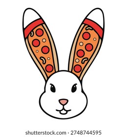 Cartoon white rabbit with pizza slices for ears smiling cute face expression