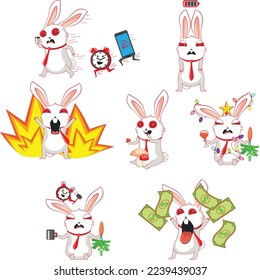 Cartoon white rabbit in red necktie in different situations.