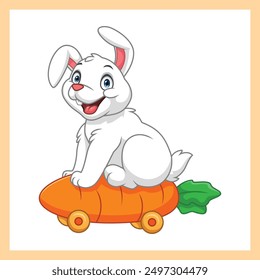 Cartoon white rabbit riding a carrot that has been turned into a car