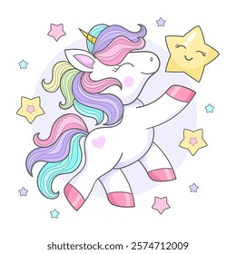 Cartoon white rainbow unicorn holding a star. For children's design prints, posters, cards, stickers, puzzles, etc. Vector Illustration