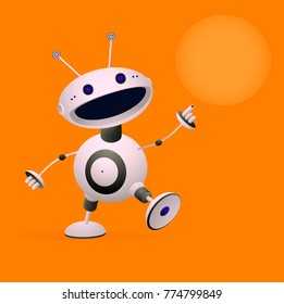 Cartoon white robot character comes with raised hand vector isolate on orange background
