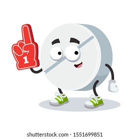 cartoon white round medical pill character mascot with the number 1 one sports fan hand glove on a white background
