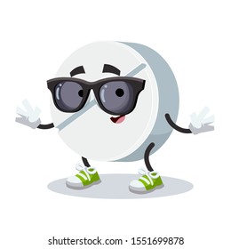 cartoon white round medical pill character mascot in black sunglasses on a white background