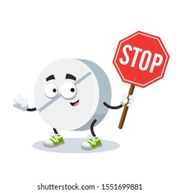 cartoon white round medical pill mascot with tablet stop in hand on white background