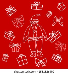 Cartoon white Santa Clause with many gift boxes around him on a red background. For Christmas greeting Cards and invitations. Hand drawn doodle vector illustration. EPS 10