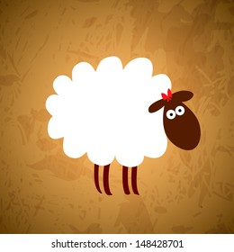cartoon white sheep with a bow on old paper