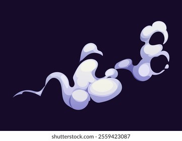 Cartoon white smoke cloud drifts effortlessly through the air, its wispy tendrils curling and unfurling like delicate silk. Isolated vector ethereal and fleeting smog or haze flow dances gracefully