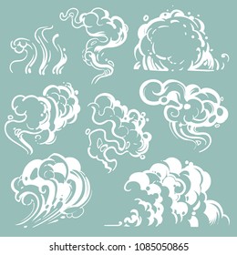 Cartoon White Smoke And Dust Clouds. Comic Vector Steam Isolated. Line Cartoon Cloud Dust And Fog, Effect Bubble Air Illustration