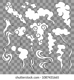 Cartoon White Smoke Fog Effect Set on a Transparent Background Ornament Decorative Elements Concept Flat Design Style. Vector illustration