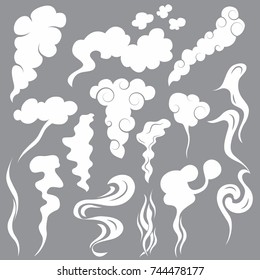 Cartoon White Smoke Fog Effect Set on a Grey Background Ornament Decorative Elements Concept Flat Design Style. Vector illustration