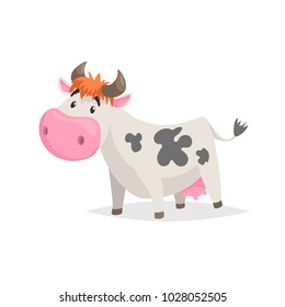 Cartoon white spotted cow. Farm funny animal isolated on white background. Flat trendy style. Vector illustration.