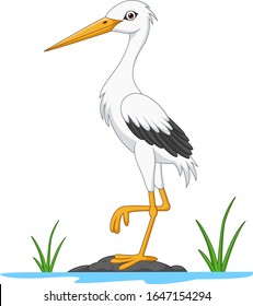 Cartoon white stork on stone