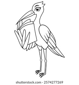 Cartoon white stork reading book line art