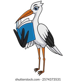 Cartoon white stork reading book