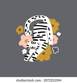 Cartoon white tiger in floral surrounding . Creative print for apparel,poster, postcard. Vector Illustration