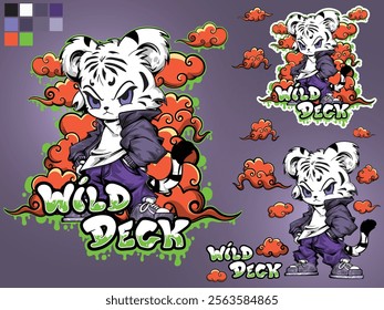 Cartoon white tiger mascot design for t-shirt and sticker. Full vector, eps 10, editable.