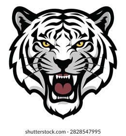 A cartoon white tiger with a menacing expression and open mouth showing fangs